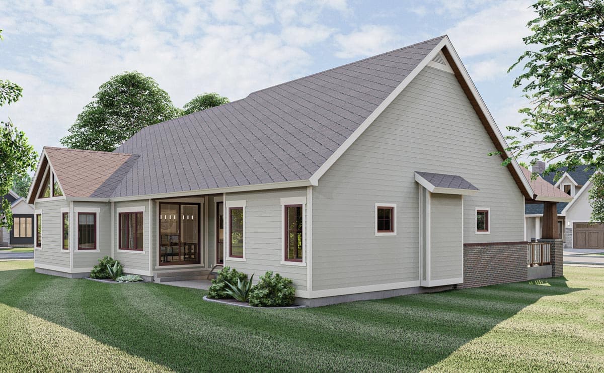 House plan exterior rendering of a one-story home with a prominent gable, siding, and covered porch.