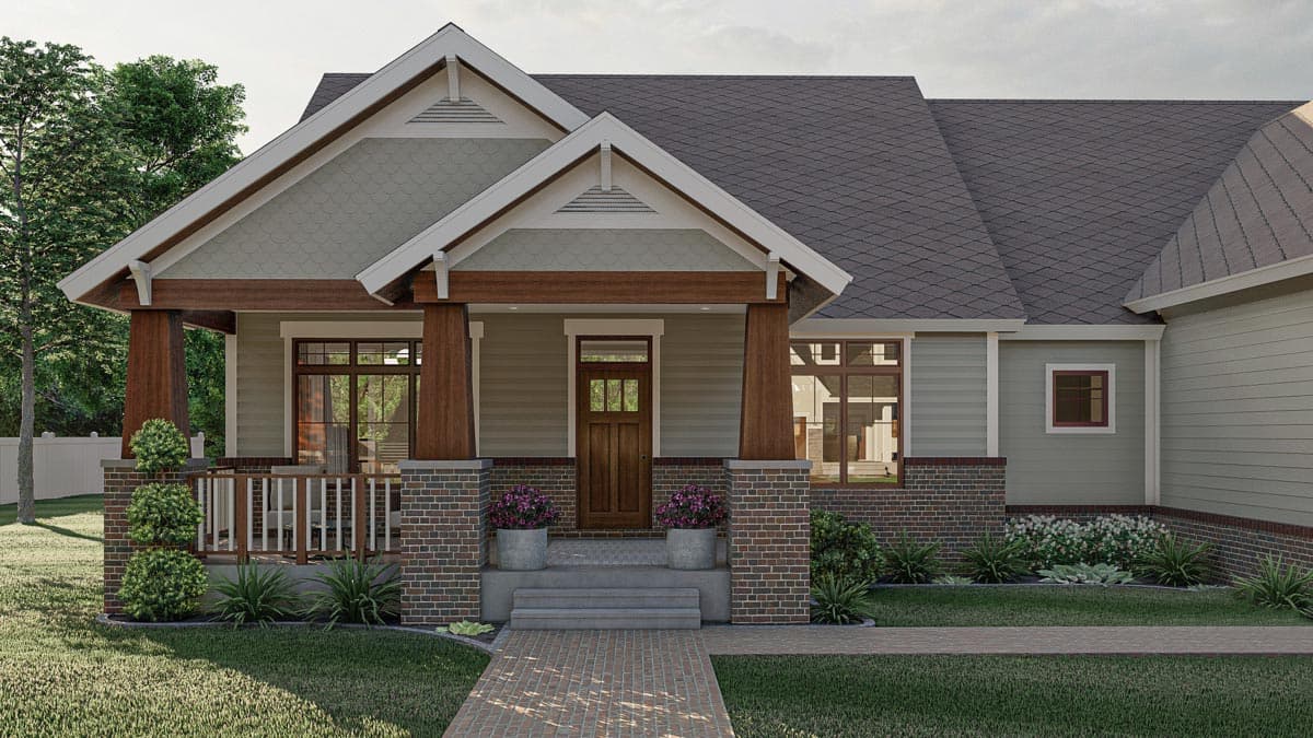 Craftsman style house plan exterior with covered front porch, stone accents, dormers, and wide eaves.