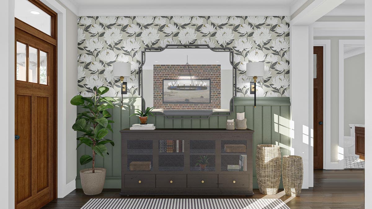 Interior rendering of a foyer with a wood door, floral wallpaper, a console table with mesh doors, and wall sconces.