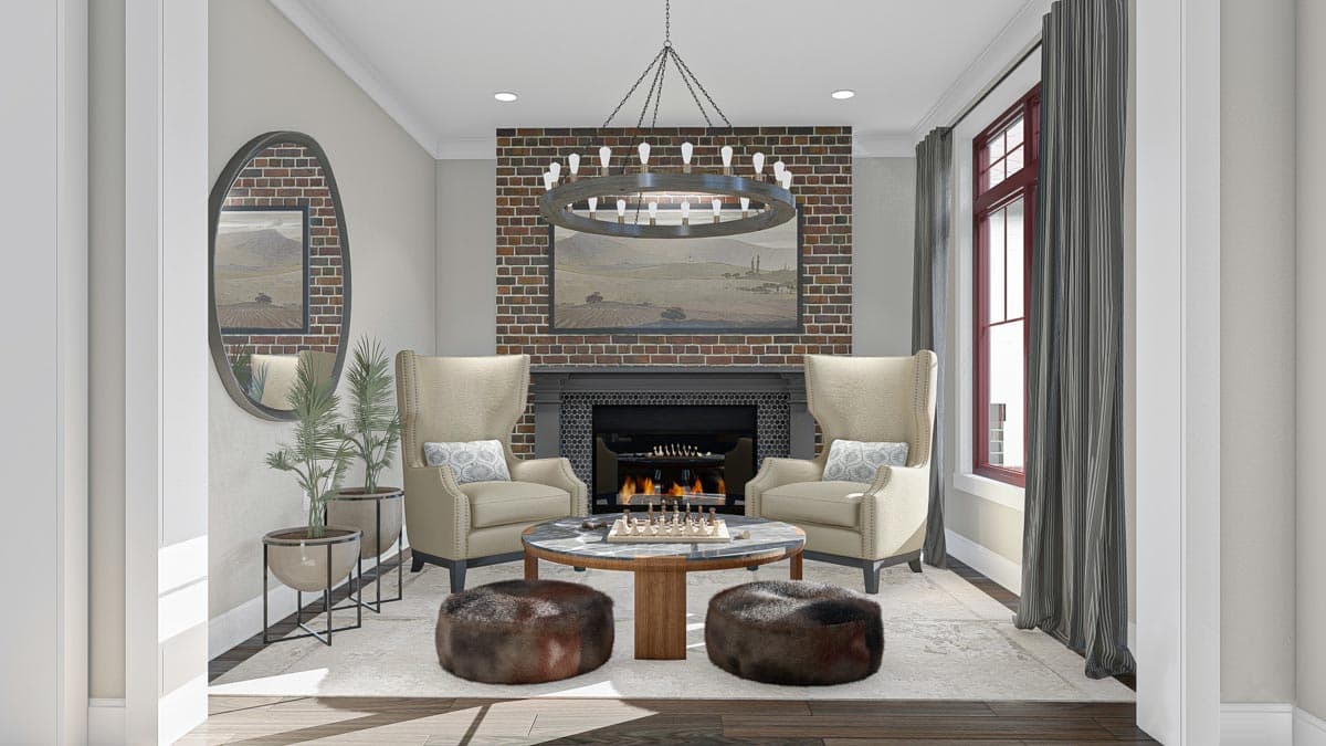 Interior rendering: Sitting area with fireplace, two wingback chairs, round coffee table, and floor-to-ceiling windows.