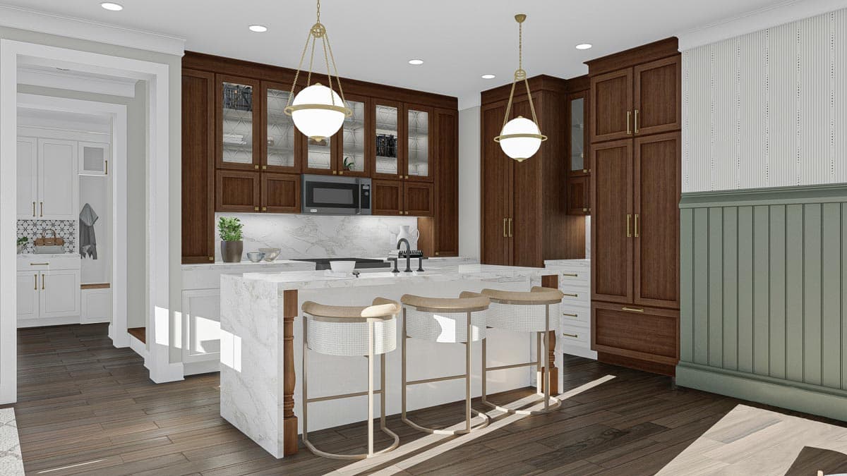 Kitchen with island, bar stools, dark wood cabinetry, glass-front cabinets, and marble countertops.