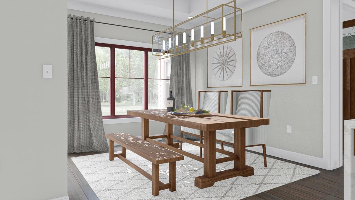 Dining room with wooden table and bench, striped chairs, large windows with red trim, and framed celestial art.