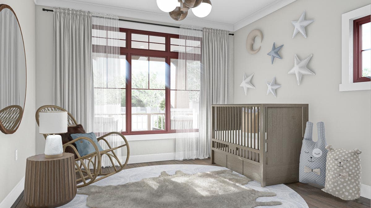 Nursery interior rendering with crib, rocking chair, large window with red trim, and star-shaped wall decor.