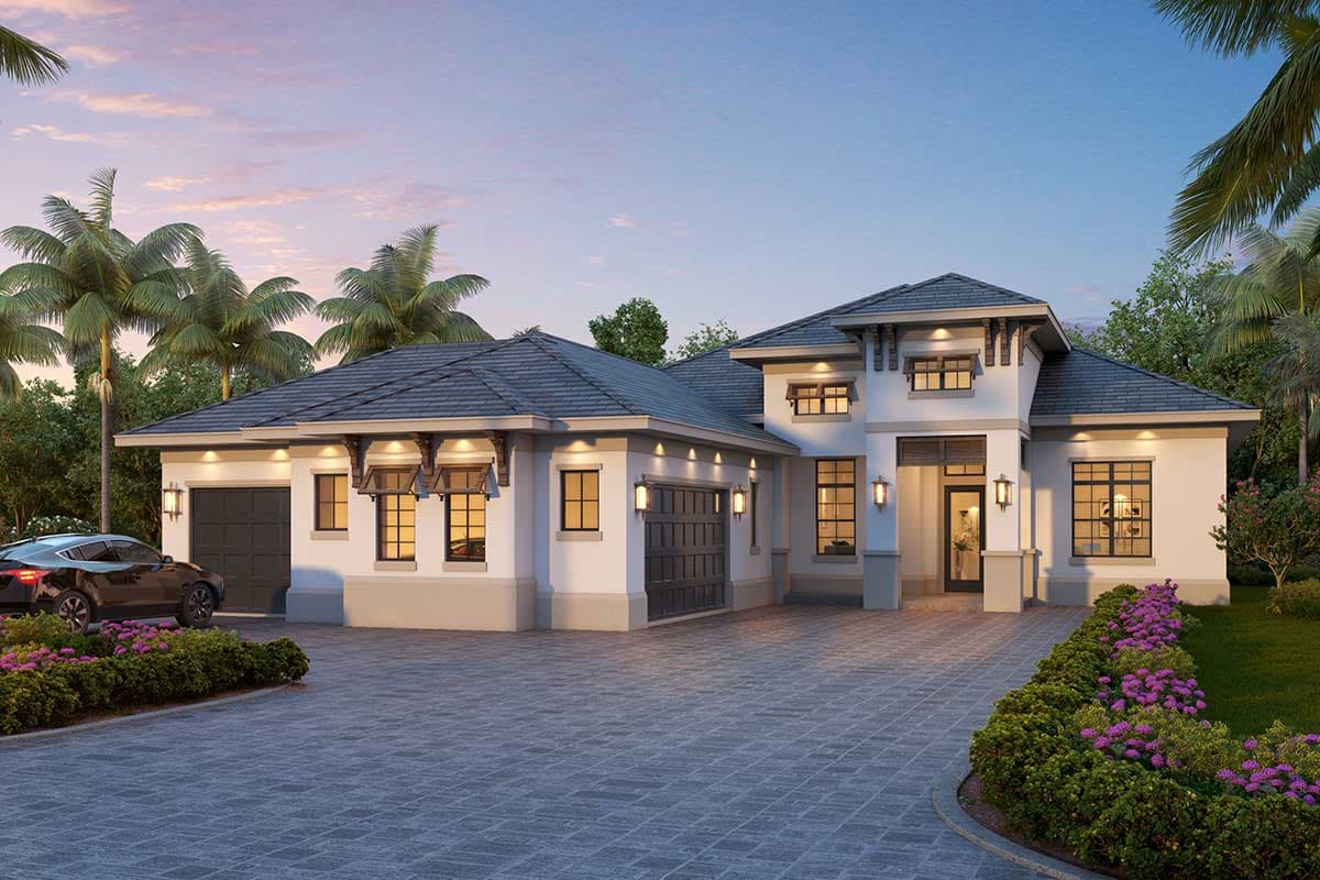 House plan exterior. Two-story, stucco facade house with a tile roof. Features include garage, multiple gables, and open-air window shutters.