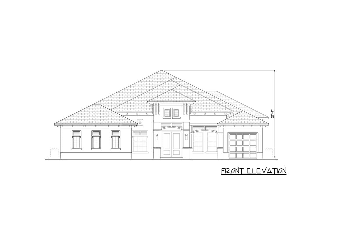 Front elevation drawing of a single-story house with a central double-door entry, a side-facing garage, and a hipped roof.