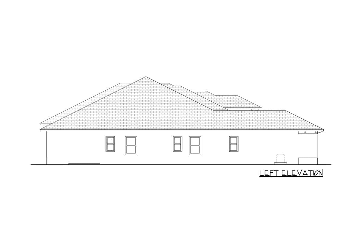 House plan left elevation shows a single-story structure with multiple gables and a hipped roofline.