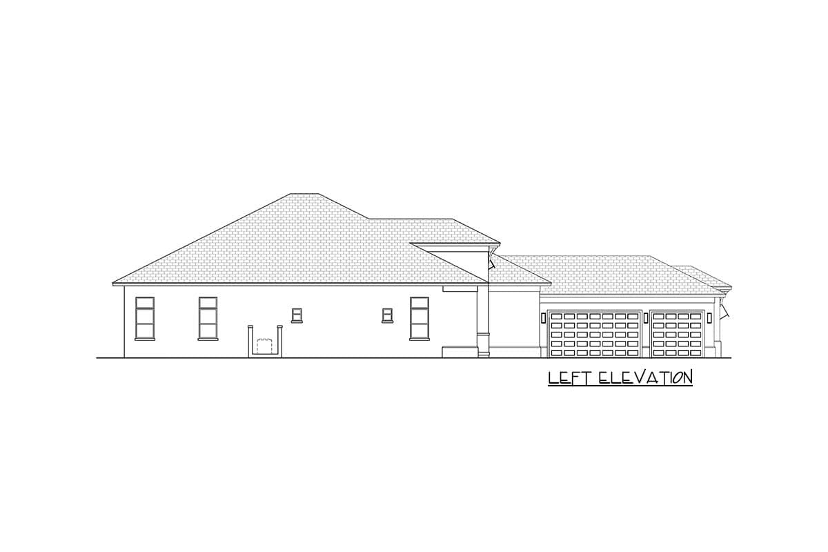 Left elevation drawing of a single-story house plan with a side-facing two-car garage and varied rooflines.