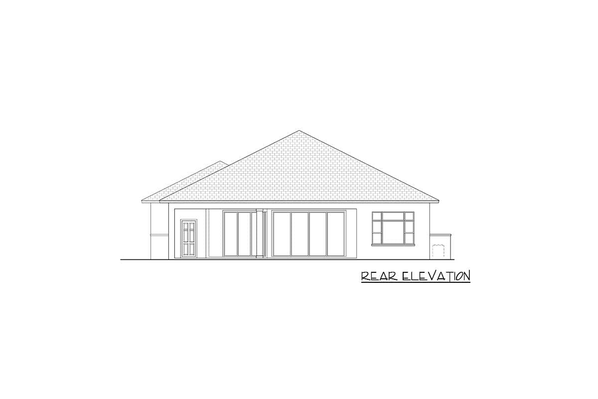 Rear elevation drawing of a single-story house plan featuring a pitched roof, sliding glass doors, and a bay window.