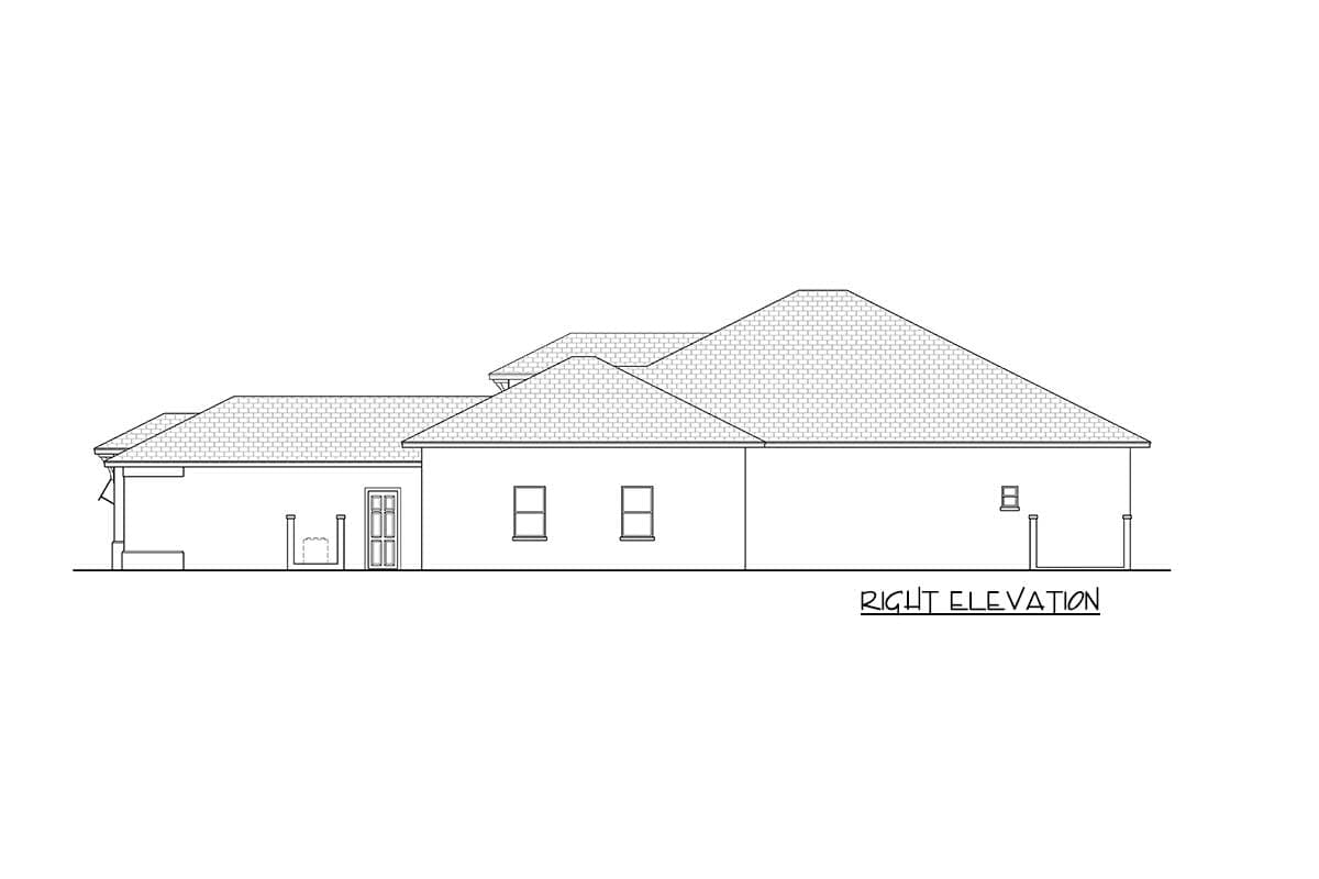 Right elevation drawing of a house plan with a covered patio, double door entry, and hip rooflines.