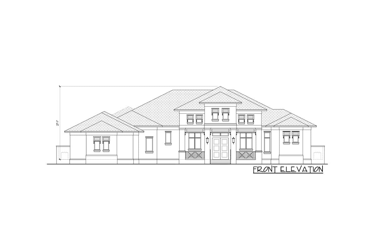 Front elevation drawing of a one-story house plan with hip roof, double entry doors, and multiple windows.