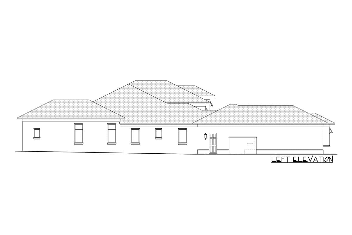 Left elevation house plan showing a single-story structure with multiple gables, a central entrance, and an attached garage.