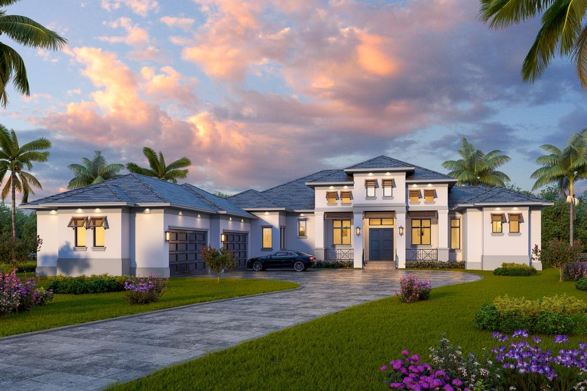 House plan exterior with a two-story design. Features include a symmetrical facade, multiple gables, a covered entry, and a three-car garage.
