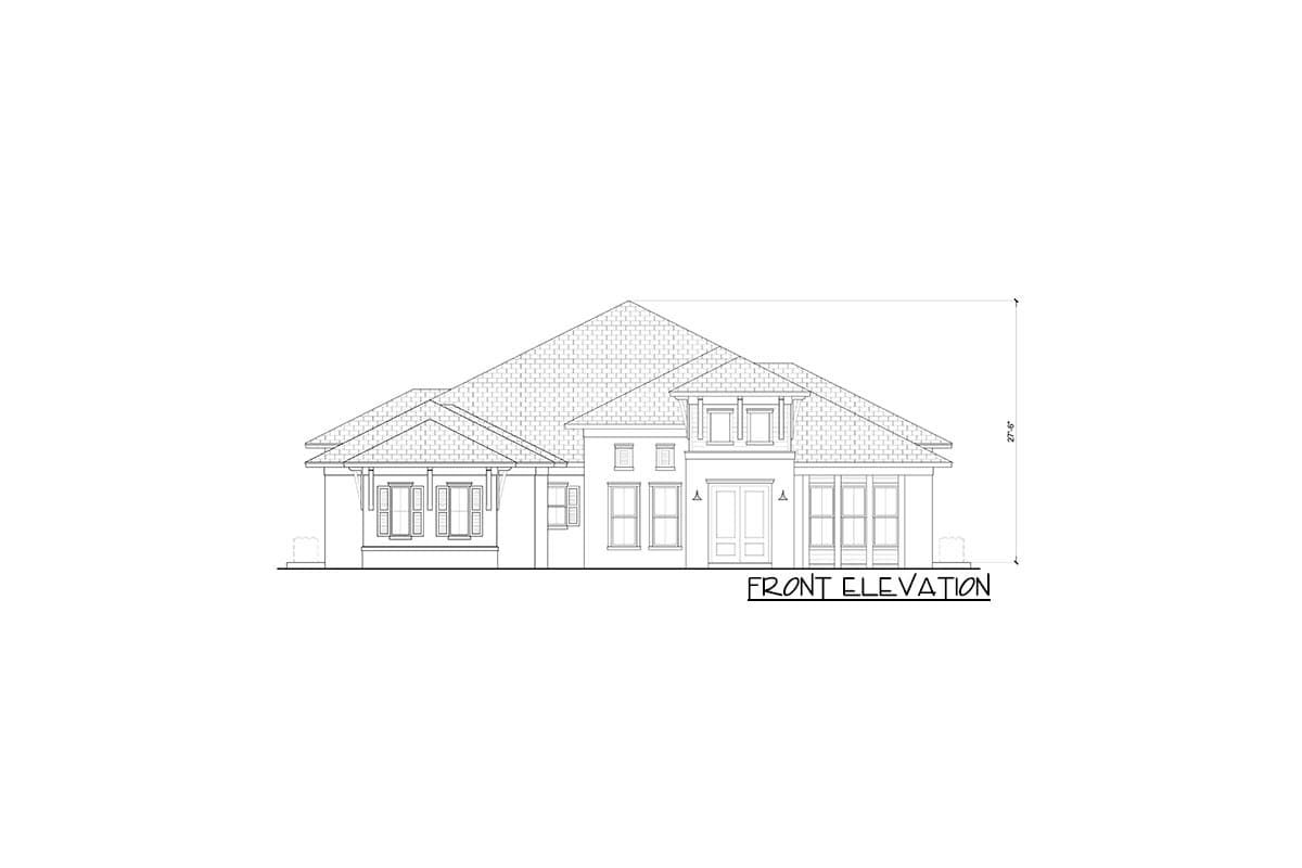 Front elevation drawing of a one-story house with hip roof, covered porch, and multiple windows.