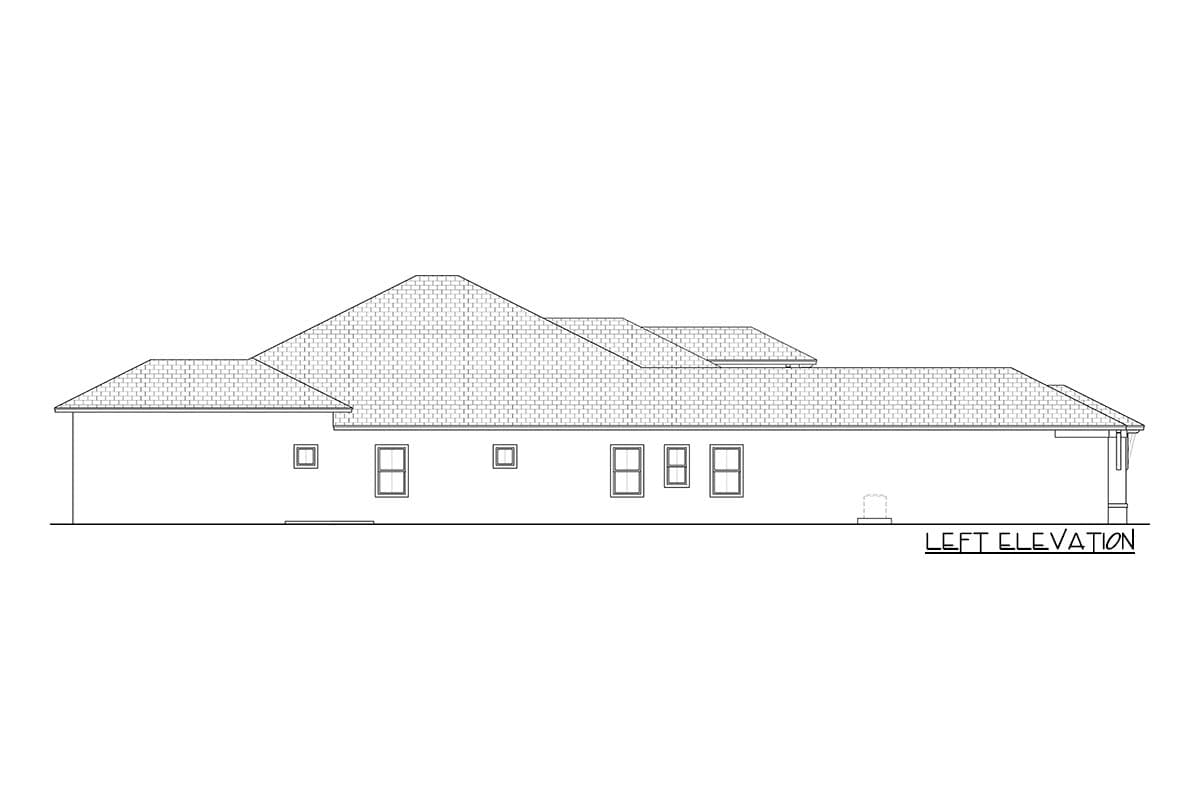 Left elevation drawing of a single-story house plan with varied rooflines and multiple windows.
