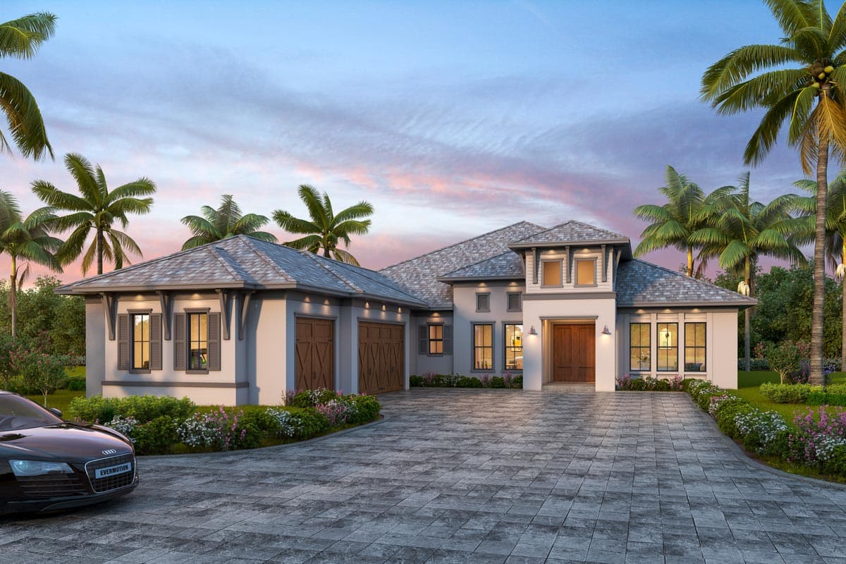 House plan exterior featuring a two-story design with a hipped roof, attached garage, and a covered entry. Includes shuttered windows and dormers.
