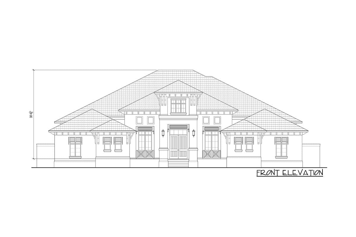 Front elevation house plan with a hip roof, dormer, multiple gables, covered entryway, and numerous windows.