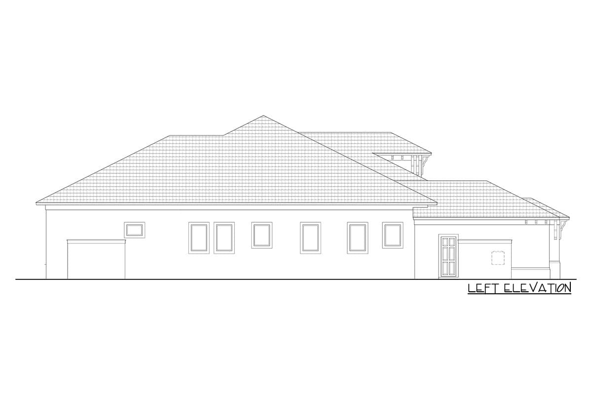 Left elevation drawing of a house plan, showing a hipped roofline, garage, and multiple windows.