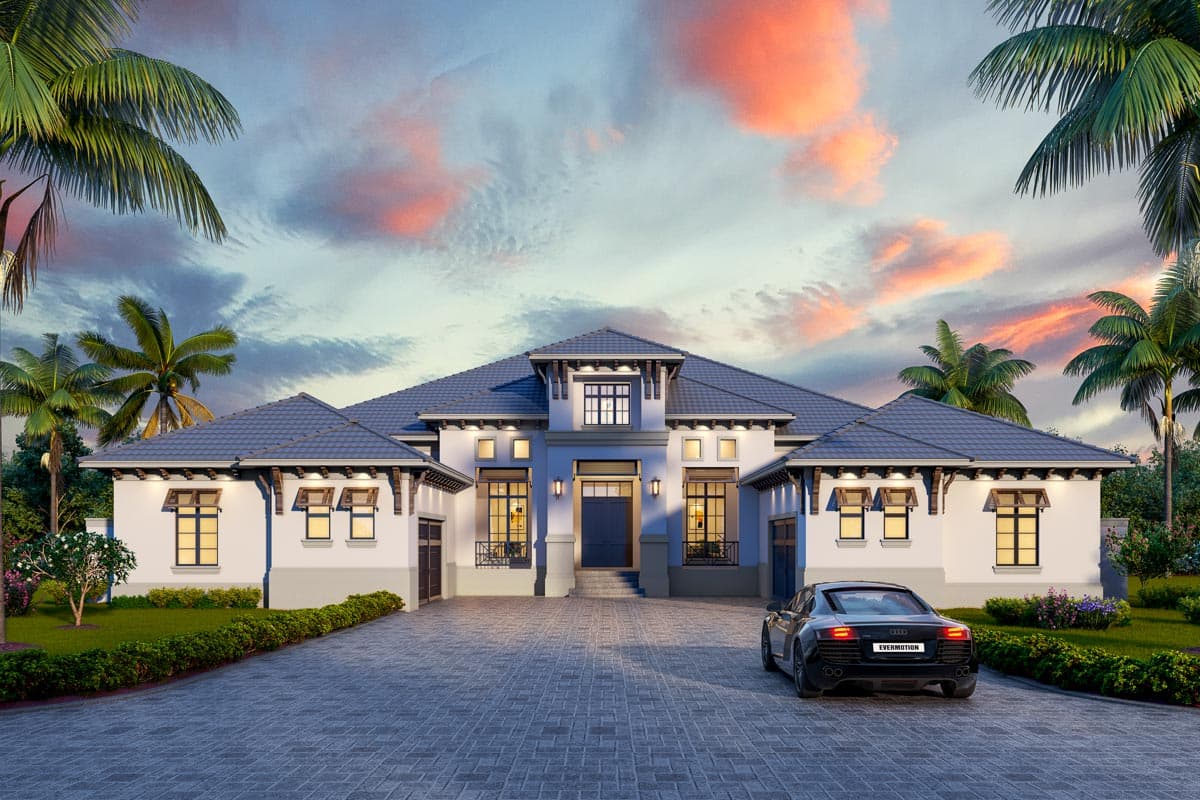 House plan exterior. Two-story Mediterranean style with gable roof and dormers. Features include shutters, a portico entry, and attached garages.