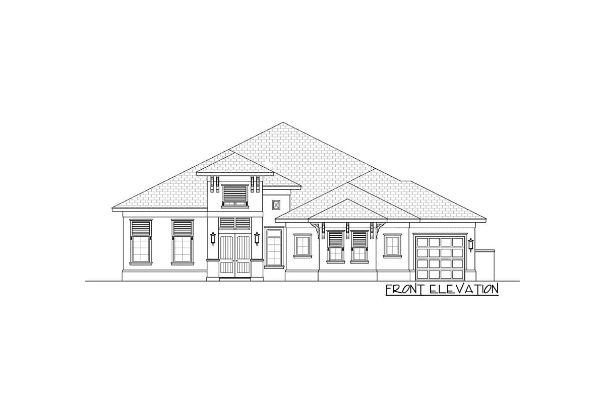Front elevation drawing of a single-story house plan featuring a prominent gabled roof, double entry doors, and a two-car garage.