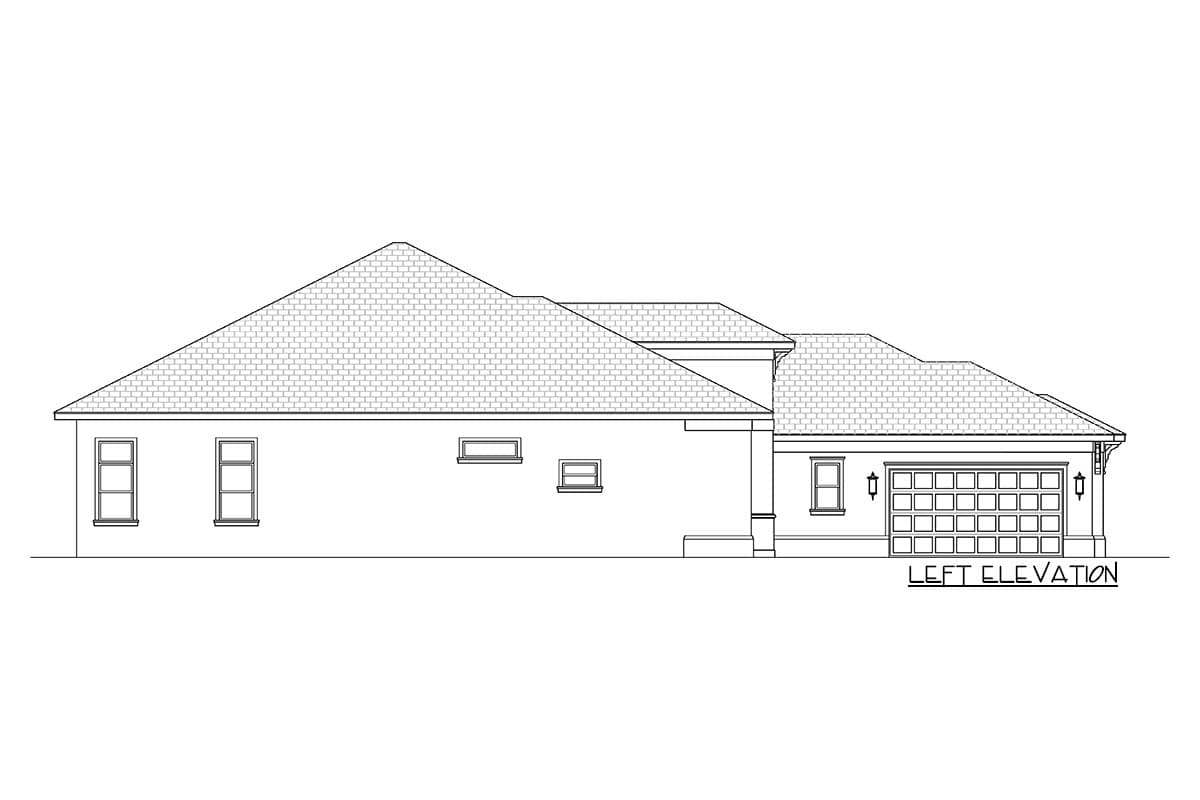 Left elevation drawing of a single-story house with a multi-section garage door, varied rooflines, and multiple windows.