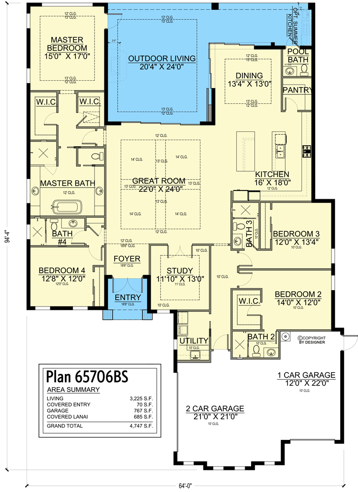 Plan 65706BS: Coastal European Home Plan with Spacious Great Room and Outdoor Living Area - Floor Plan - Main Level - Coastal, Contemporary, European, Florida-Style, Mediterranean, Southern
