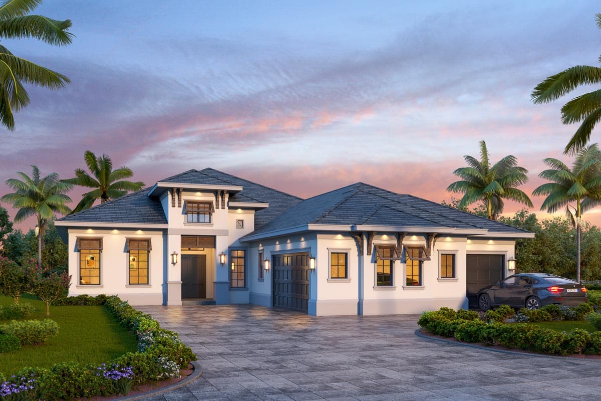House plan exterior with a single story, flat roof, and two-car garage. Features include decorative gables and exposed eaves.