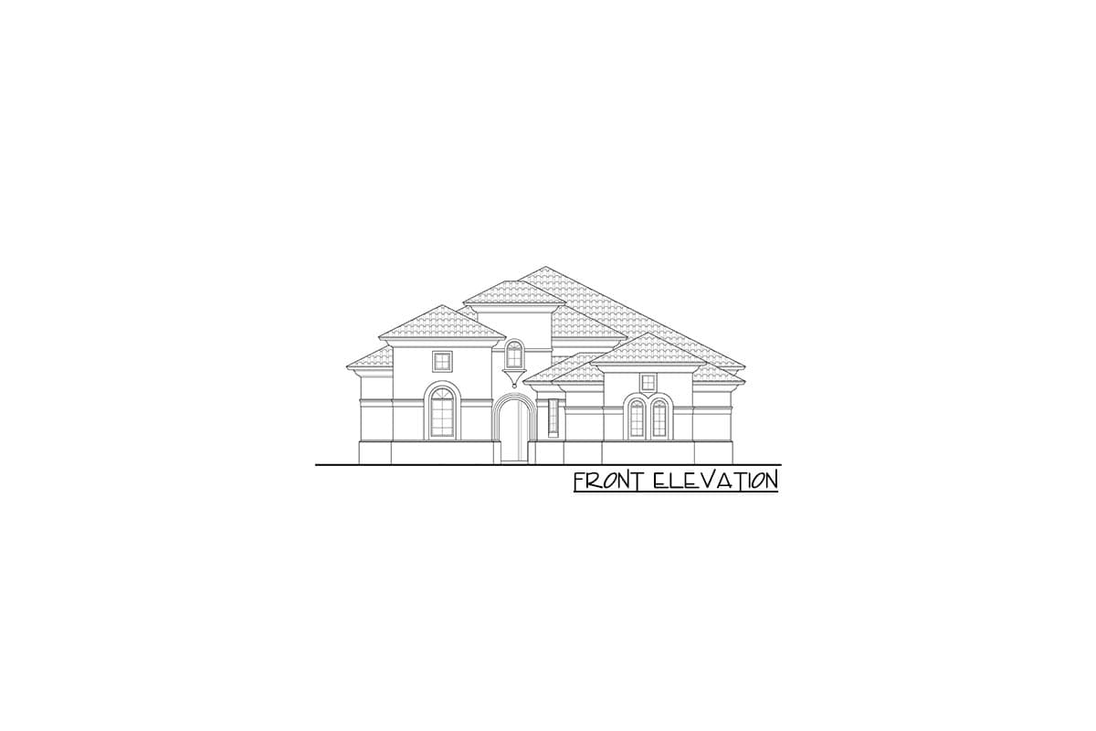 Front elevation house plan drawing showing a multi-story house with arched windows and a tiled roof.