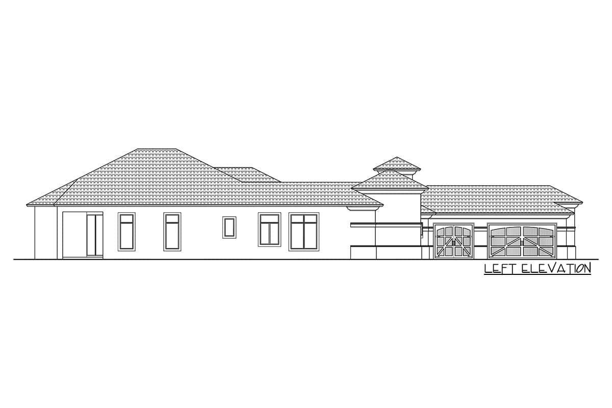 House plan left elevation showing a single-story structure with a hip roof, multiple windows, and a three-car garage.