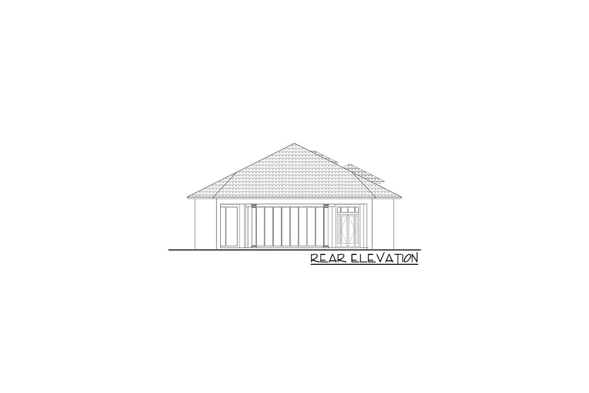 Rear elevation drawing of a house plan featuring a pitched roof, large sliding glass doors, and a double door entry.