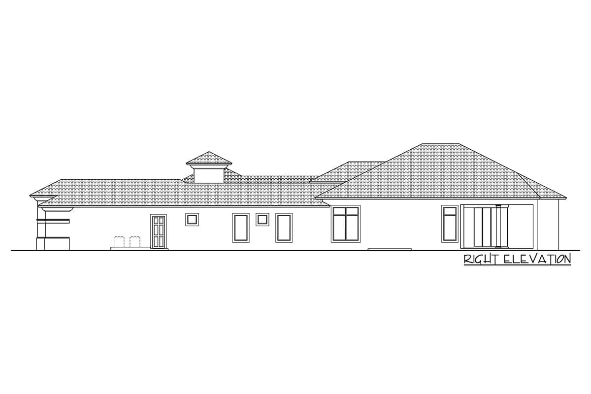 Right elevation drawing of a single-story house plan with a tiled hip roof, gabled dormers, and a central cupola.