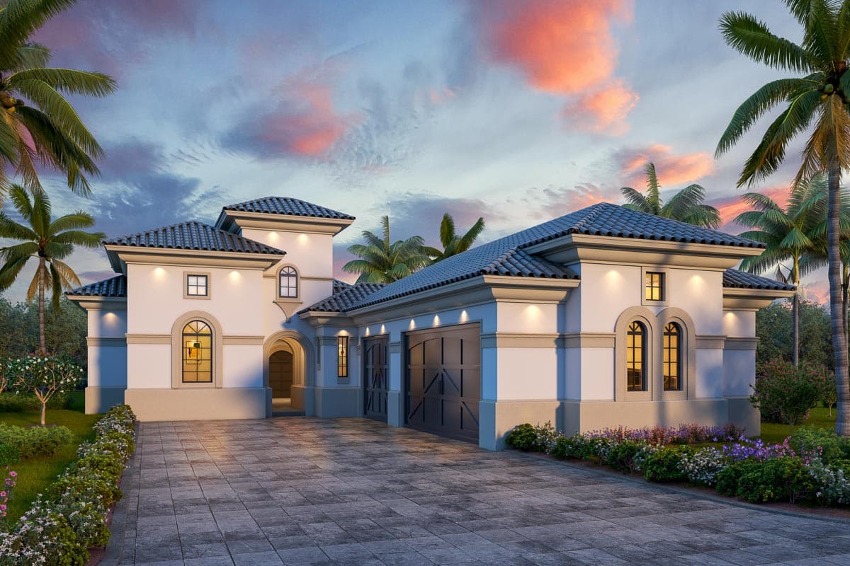 House plan exterior. Two-story Mediterranean-style home with arched entry, tiled roof, attached garage, and decorative gables.