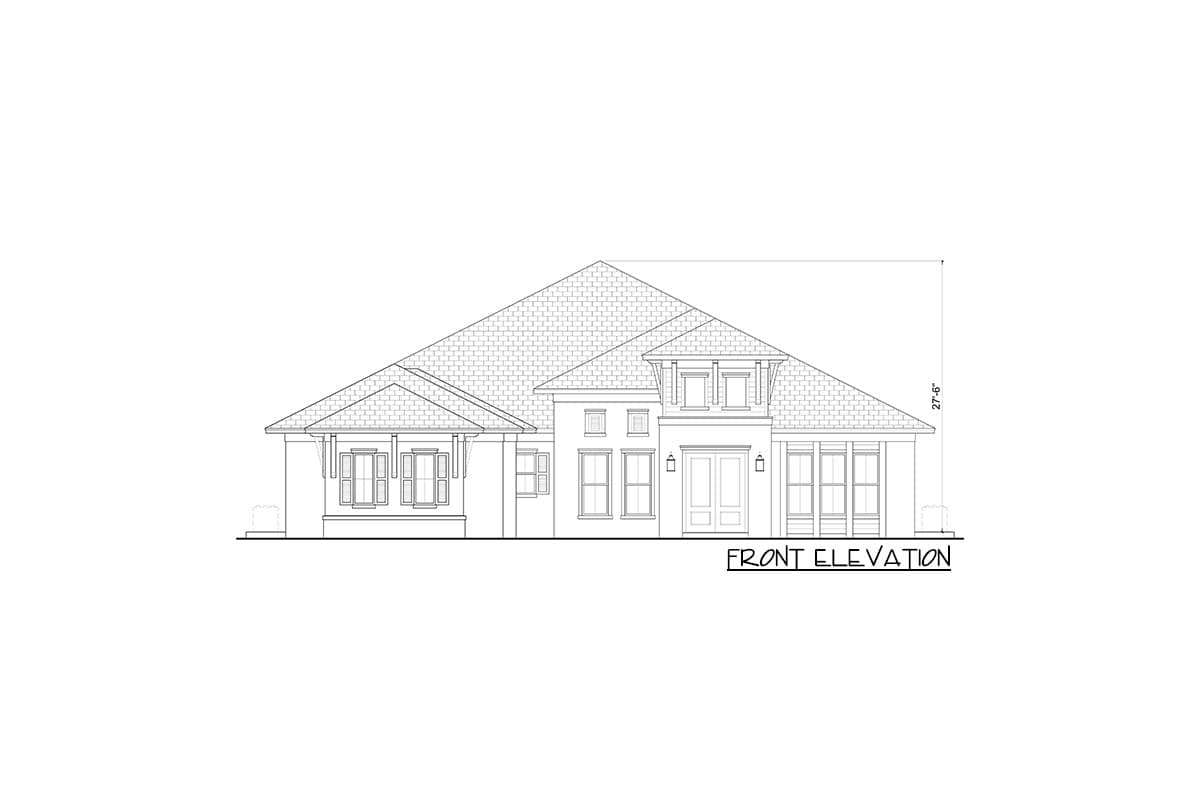 Front elevation house plan drawing showing a single-story home with a prominent gabled roof, covered entry, and multiple windows.