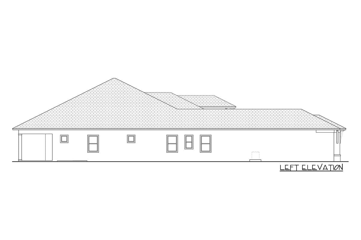 Left elevation house plan showing a single-story structure with a gabled roof, attached garage, and multiple windows.