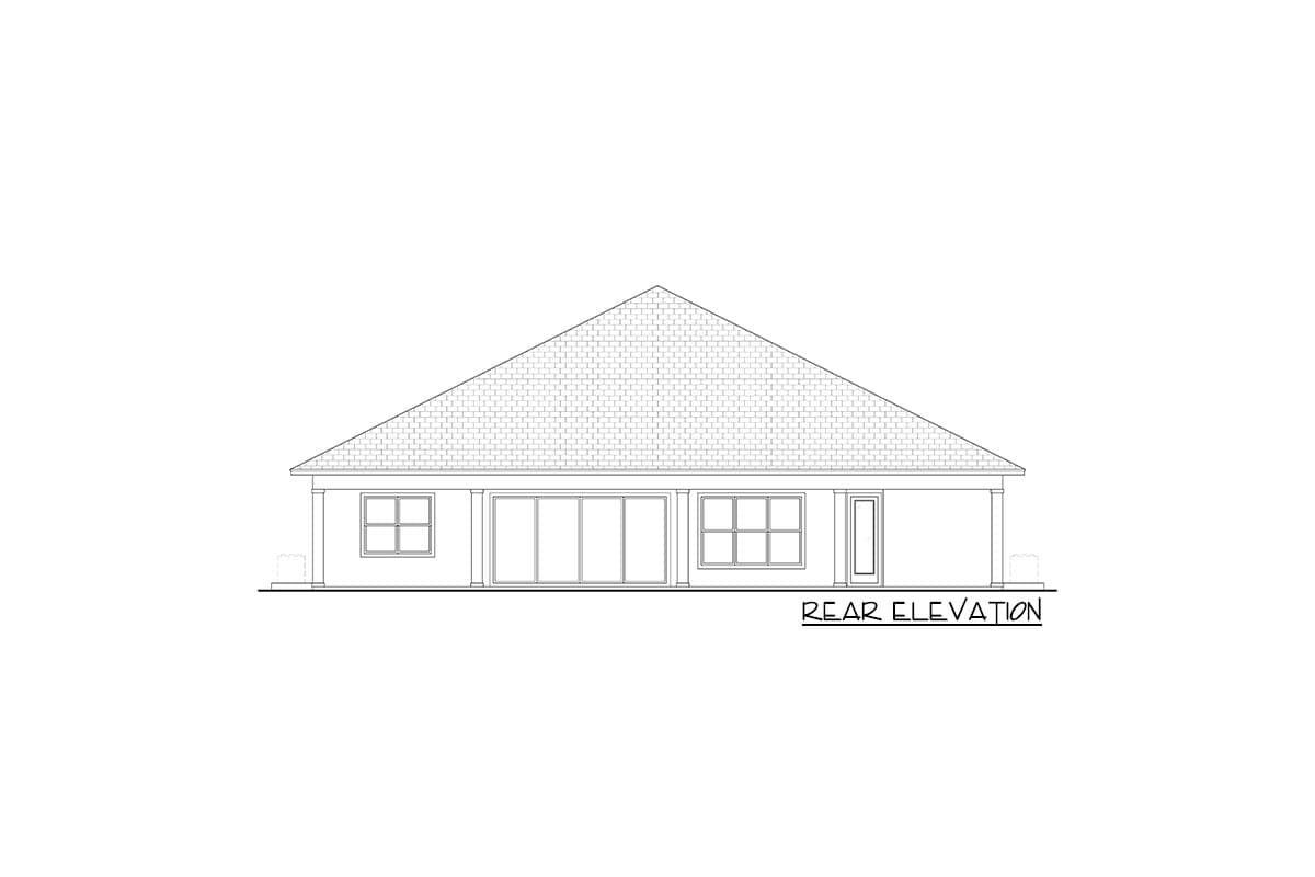 Rear elevation drawing of a single-story house plan with a hip roof, large sliding glass doors, and windows.