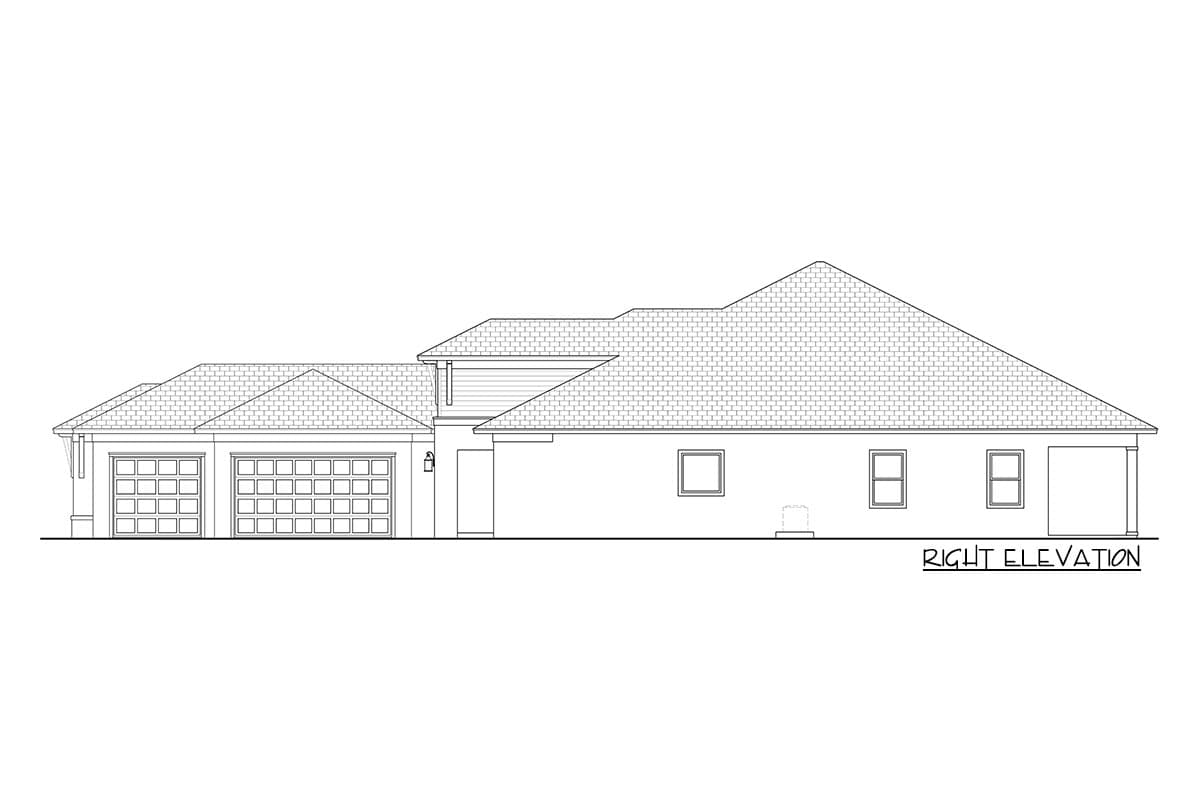 House plan right elevation drawing with a three-car garage, covered entry, and varied rooflines.