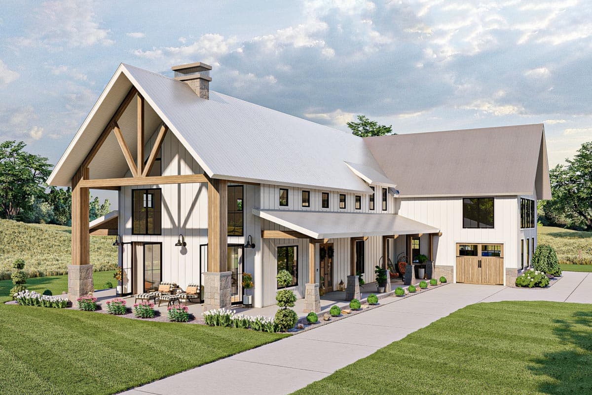 Modern Farmhouse house plan exterior with a two-story gable, covered porch, and a detached garage.