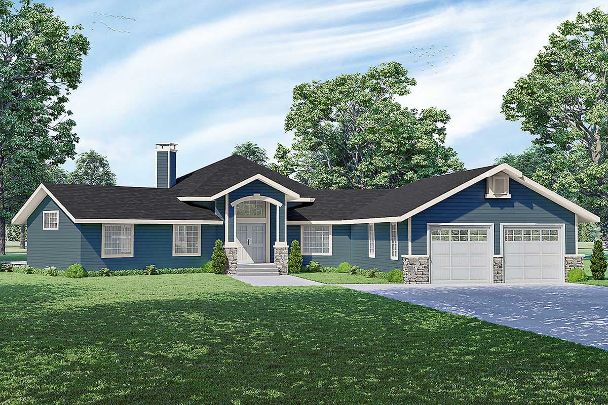 House plan exterior. One-story Ranch style with a gabled entry, dormer, and attached two-car garage. Features include a front porch and chimney.