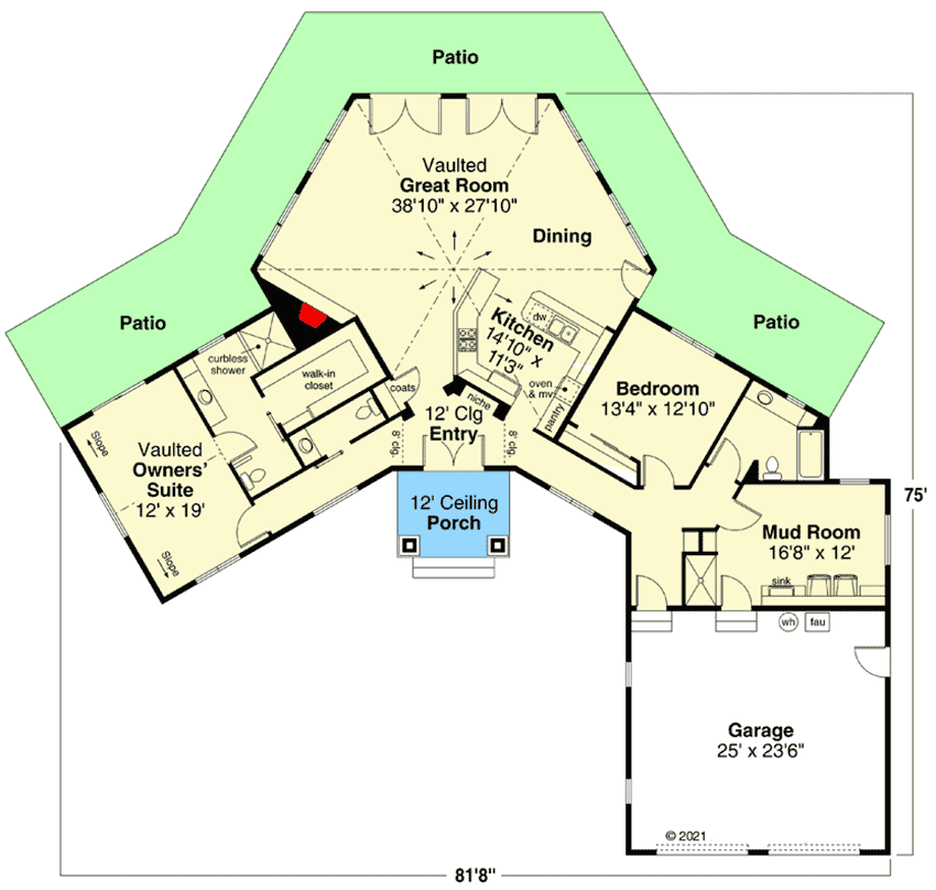 Plan 72282DA: 2-Bed House Plan with Vaulted Hexagonal Great Room - Floor Plan - Main Level - Contemporary, Northwest, Ranch