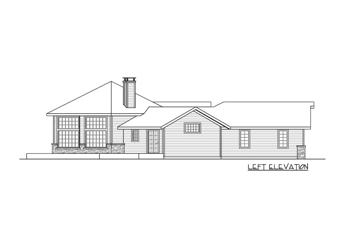 Left elevation drawing of a one-story house plan featuring a prominent gable, multiple windows, a chimney, and stone accents.