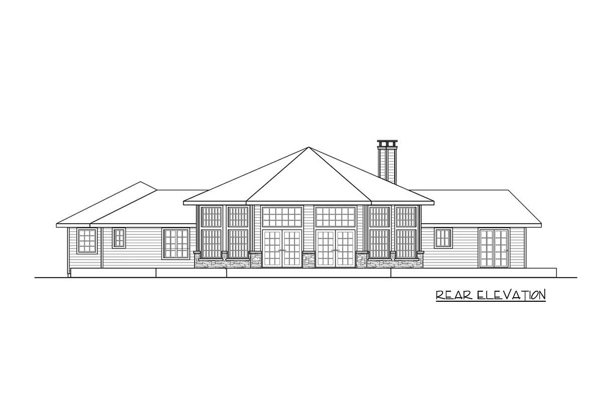 Rear elevation drawing of a single-story house plan with a prominent hip roof, numerous windows, and a central chimney.