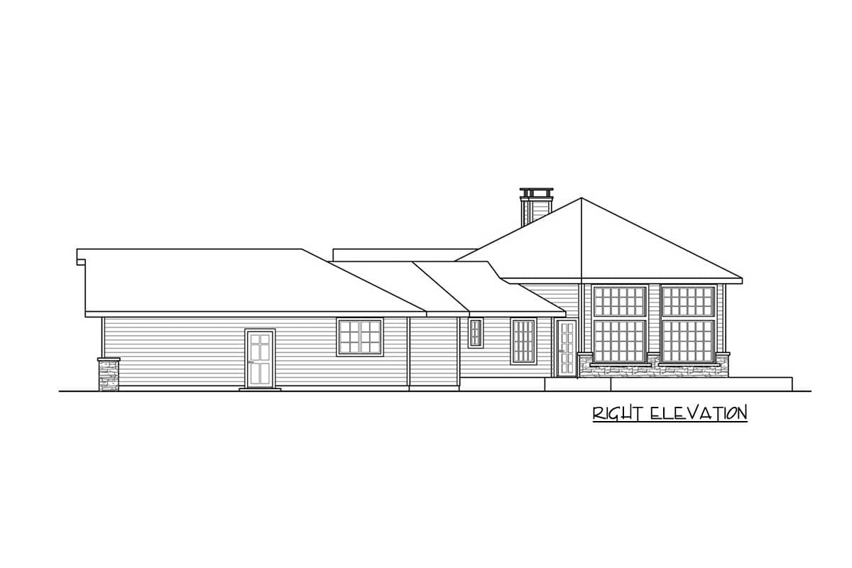 Right elevation house plan: single story, horizontal siding, multiple gables, chimney, and various window styles.
