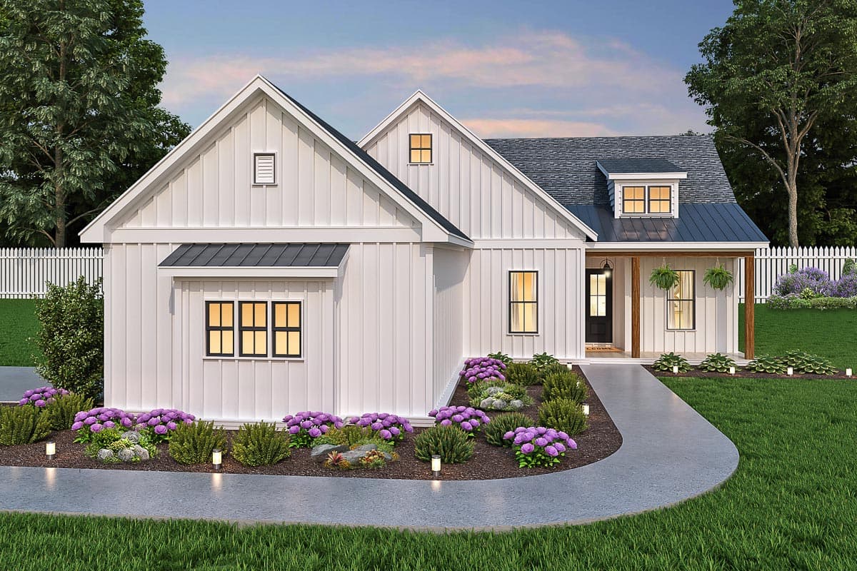 Modern Farmhouse house plan exterior with board and batten siding, gables, dormer, and covered front porch.