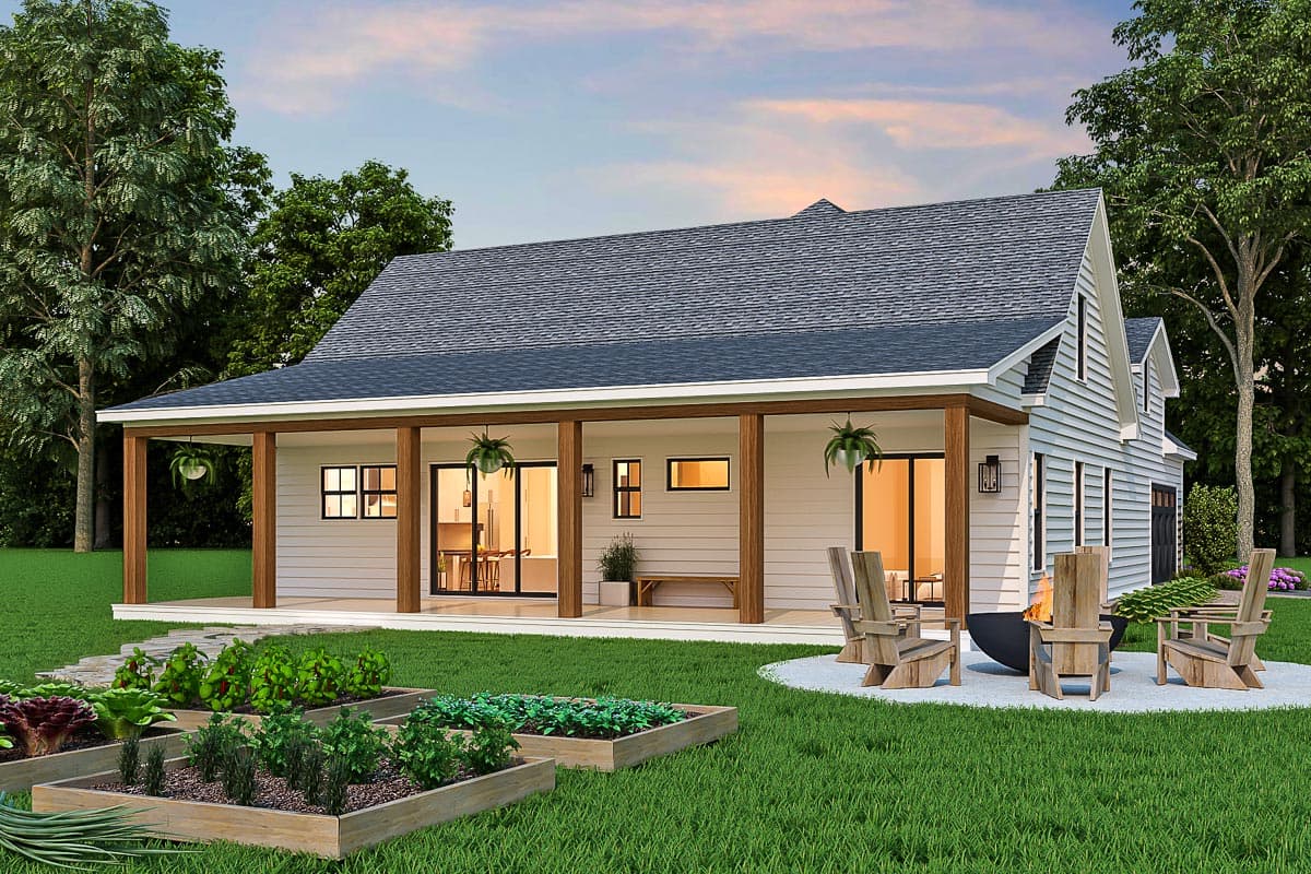Modern Farmhouse house plan exterior with a covered porch, board-and-batten siding, and gabled dormers.