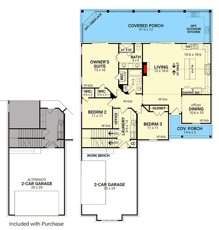 Plan 12321JL: 3 Bed House Plan with One Story Convenience and Flexible Garage Options - Floor Plan - Main Level - Country, Craftsman, New American, Ranch