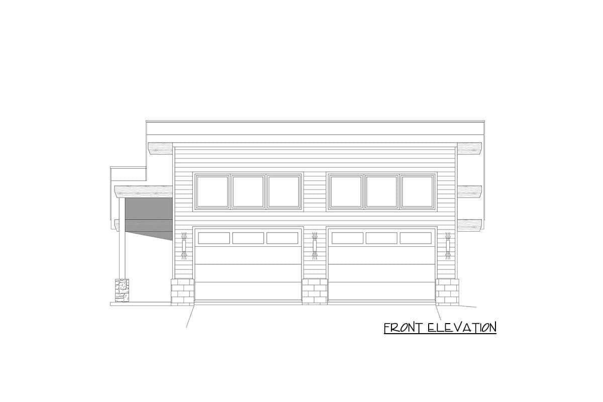 Front elevation drawing of a two-story house plan with a side-entry double garage, horizontal siding, and exposed beam details.