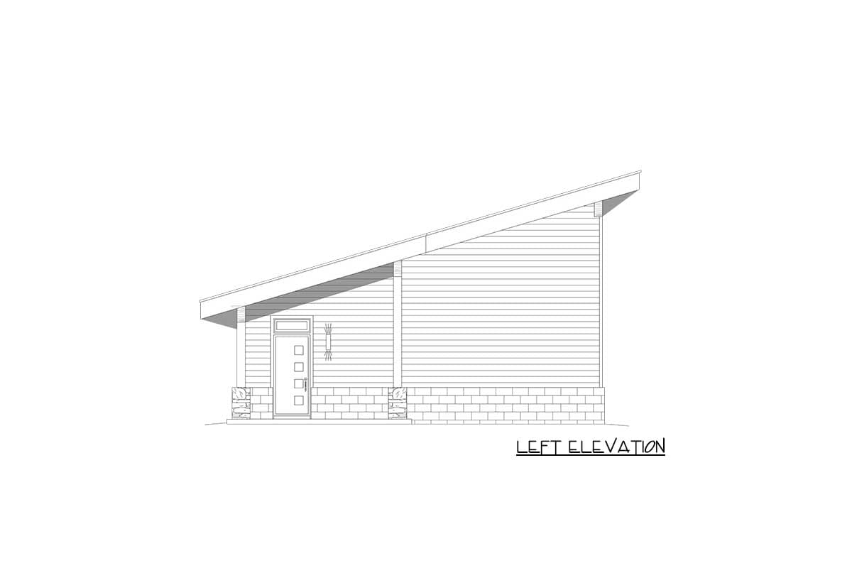 Left elevation drawing of a house with a sloped roof, horizontal siding, brick foundation, and a front door with four square panels.