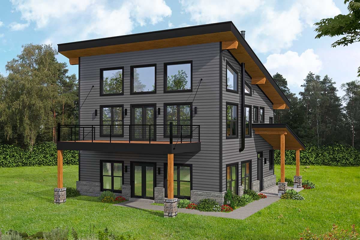House plan exterior. Two-story modern style home with flat roof, second-story balcony, and covered porch supported by wood columns.