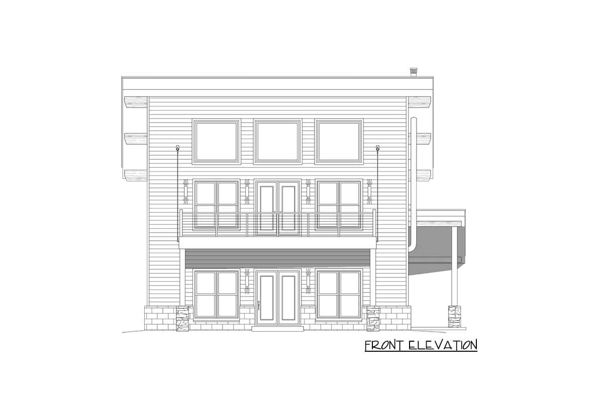 Front elevation drawing of a three-story house with horizontal siding, a balcony, and stone accents on the first floor.