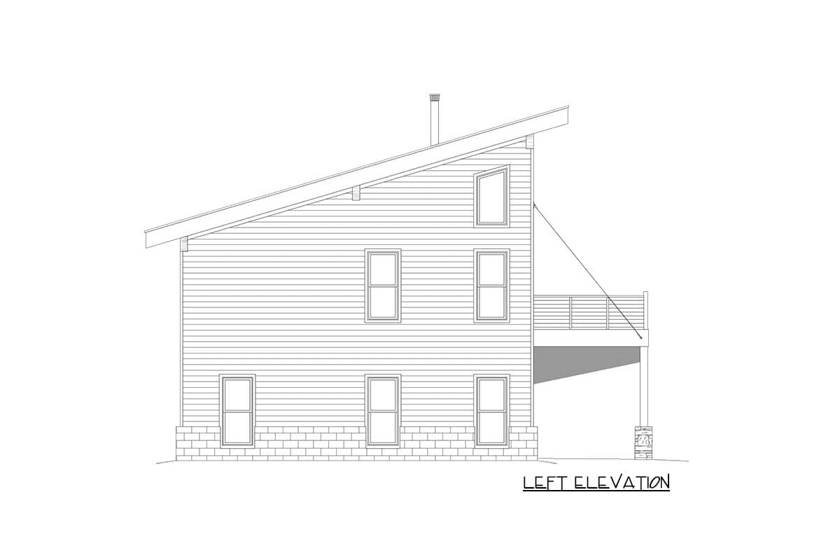 Left elevation of a two-story house plan with a shed roof, multiple windows, and a deck.