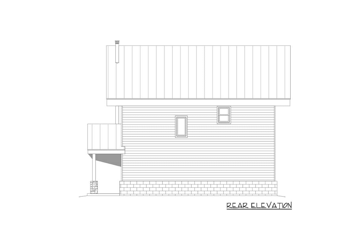 Rear elevation of a two-story house plan with horizontal siding, a balcony, and a metal roof.